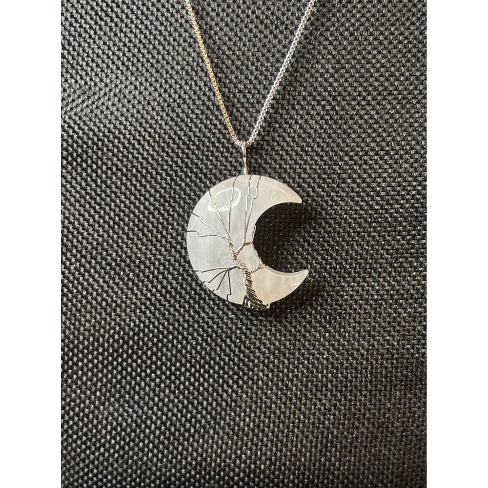 Quartz Tree of Life Wire Wrapped Crescent Moon Pendant, Stainless Steel Chain